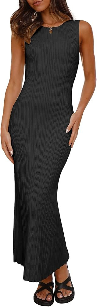 Ferlema Womens 2024 Sweater Dress Sleeveless Crew Neck Slim Fit Ribbed Knit Bodycon Elegant Maxi ... | Amazon (US)