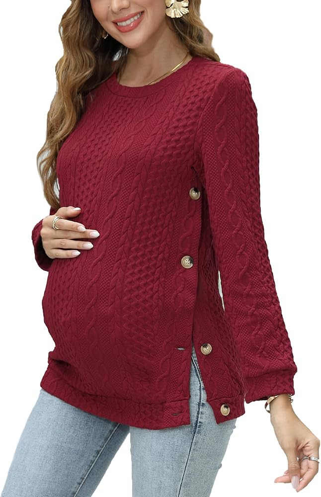 Women's Cable Knit Maternity Tops Round Neck Long Sleeve Pregnancy Nursing Pullover Sweatshirt Do... | Amazon (US)