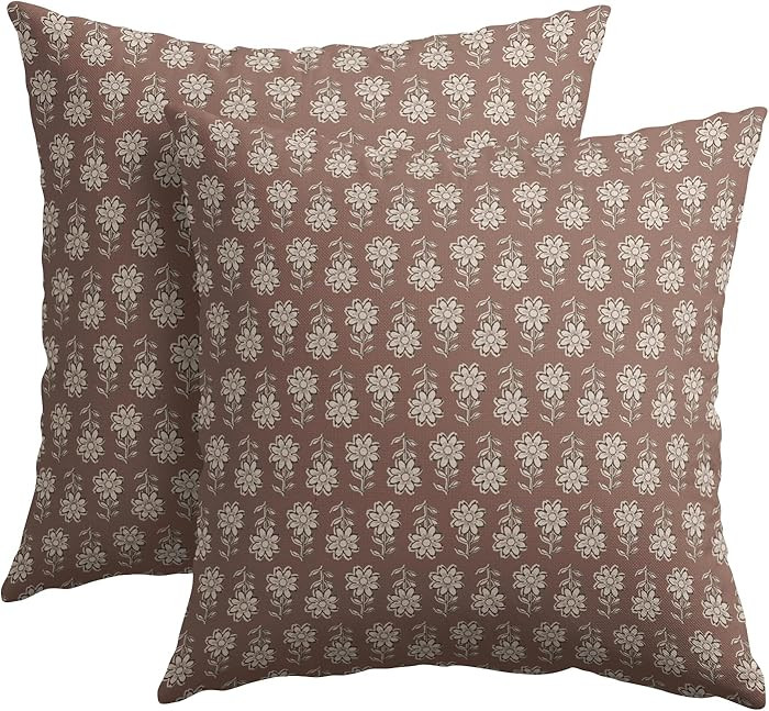Kawani Vintage Pillow Covers 18x18 Inch Set of 2 Brown Floral Block Print Outdoor Decorative Thro... | Amazon (US)
