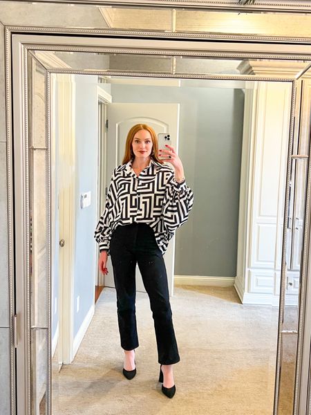 Today’s work outfit.🖤 This top is part of a set and it fits true to size, wearing a medium. Express jeans fit true to size, wearing a 6 regular. 

Work style - work outfit - Shein - express - Dillards - heels - pointed toe heels - Shein set - black denim - black jeans - young professional - business casual - everyday style - street style - affordable style - fall fashion - fall - summer work wear - versatile style - teacher outfit - business attire - professional style - TikTok - David yurman - Shein - printed top - target - target earrings - gold hoops - trending 

#LTKshoecrush #LTKFind #LTKworkwear