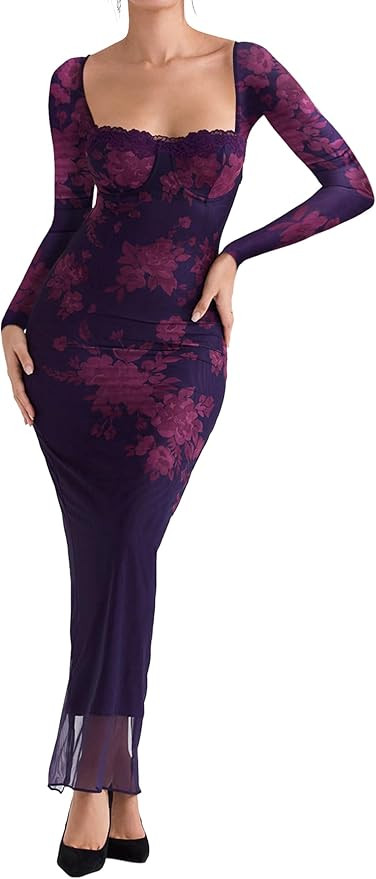 Women Sexy Backless Satin Maxi Long Sleeve Dresses Floral Print Dresses Slim Fit Elegant Long Dre... | Amazon (US)