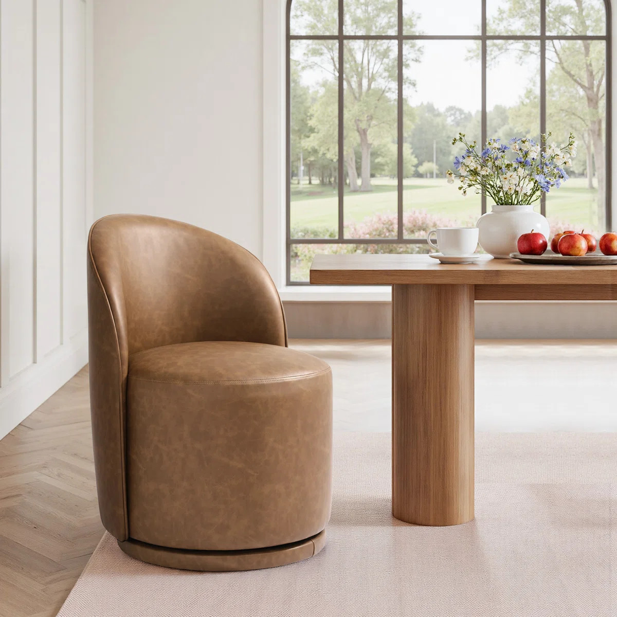 Upholstered Modern Brown Faux Leather Barrel Swivel Side Dining Chair | Wayfair North America