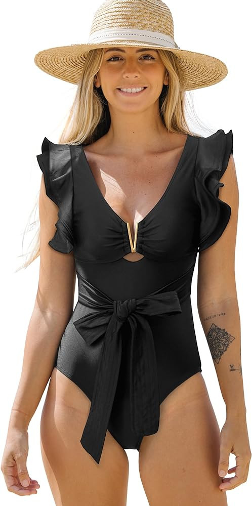 SPORLIKE Women One Piece Swimsuit Ruffle V Neck Swimwear Padded Bathing Suit | Amazon (US)