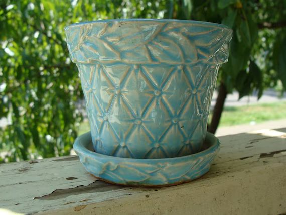 Vintage Mccoy Pottery Blue Quilted Diamond Flower Pot Planter - Etsy | Etsy (US)