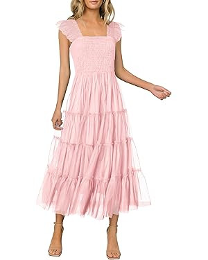 PRETTYGARDEN Womens 2024 Summer Casual Sleeveless Smocked Ruffle Tulle Flowy Beach Sundress | Amazon (US)