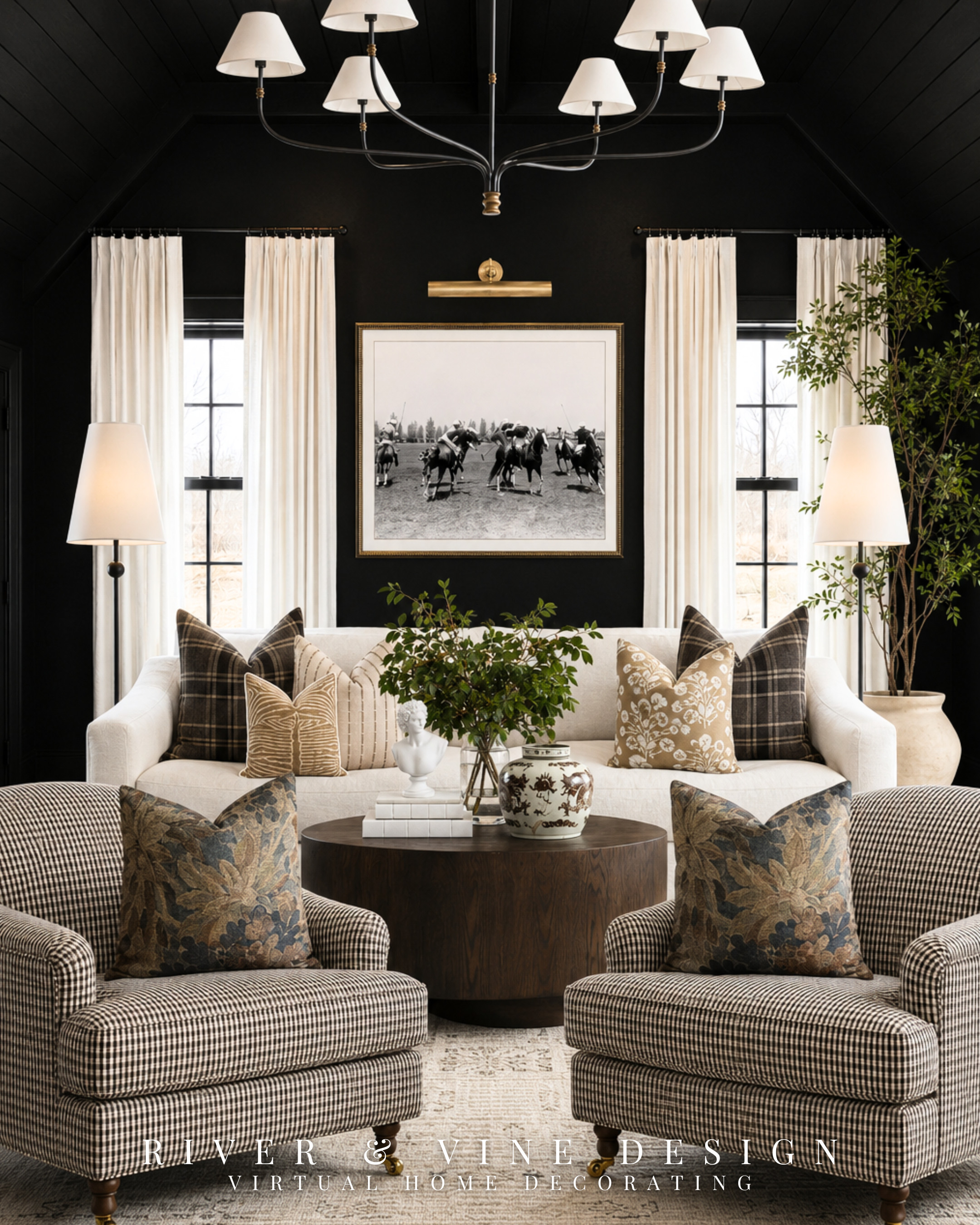A dark room doesn’t have to feel heavy, but it does need contrast in the right places.

The black walls and vaulted ceiling create the drama here, while the cream sofa, white curtains, and oversized light rug keep the room feeling open. Mixing checks, plaids, florals, warm wood, and aged brass adds enough variation to make the space feel collected instead of overly coordinated. The key is repeating the same neutral colors across patterns of different scales so everything works together without matching exactly.

dark living room decor, black vaulted ceiling, collected traditional living room, equestrian home decor, plaid accent chairs, layered neutral rugs, traditional living room furniture, heritage inspired interiors

I may receive a commission from purchases made through my links. 

 #LTKHome