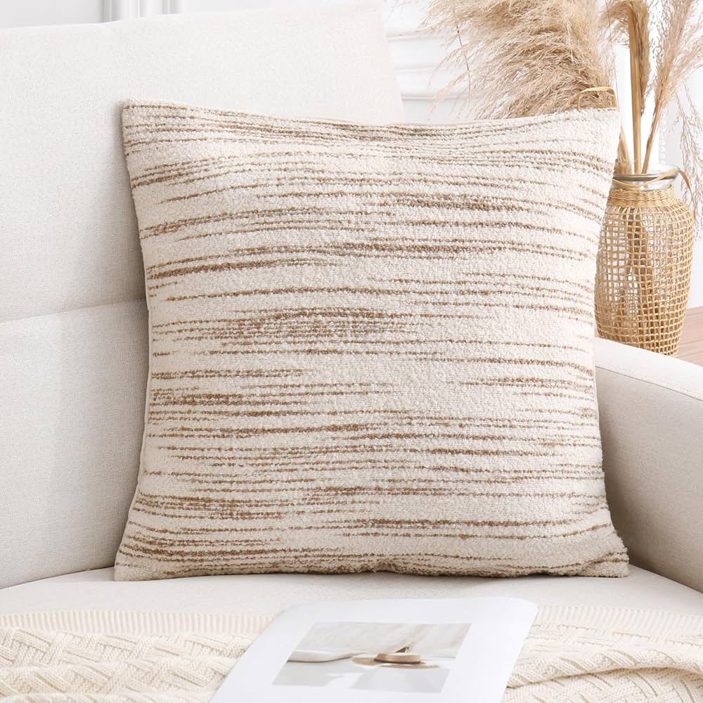 Textured Boucle Pillow Covers 18x18 Brown and Cream Neutral Striped Throw Pillow Covers Modern Fa... | Amazon (US)