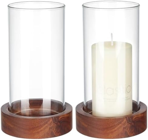 WEBEEDY 2 Sets Hurricane Glass Candle Holders Pillar Candle Holder with Wood Plate Base, Table De... | Amazon (US)