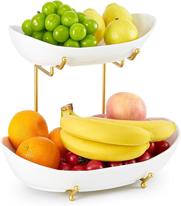 2 Tier Ceramic Fruit Bowl for Kitchen Counter, Tiered Fruit Basket for Countertop, Modern Multi L... | Amazon (US)