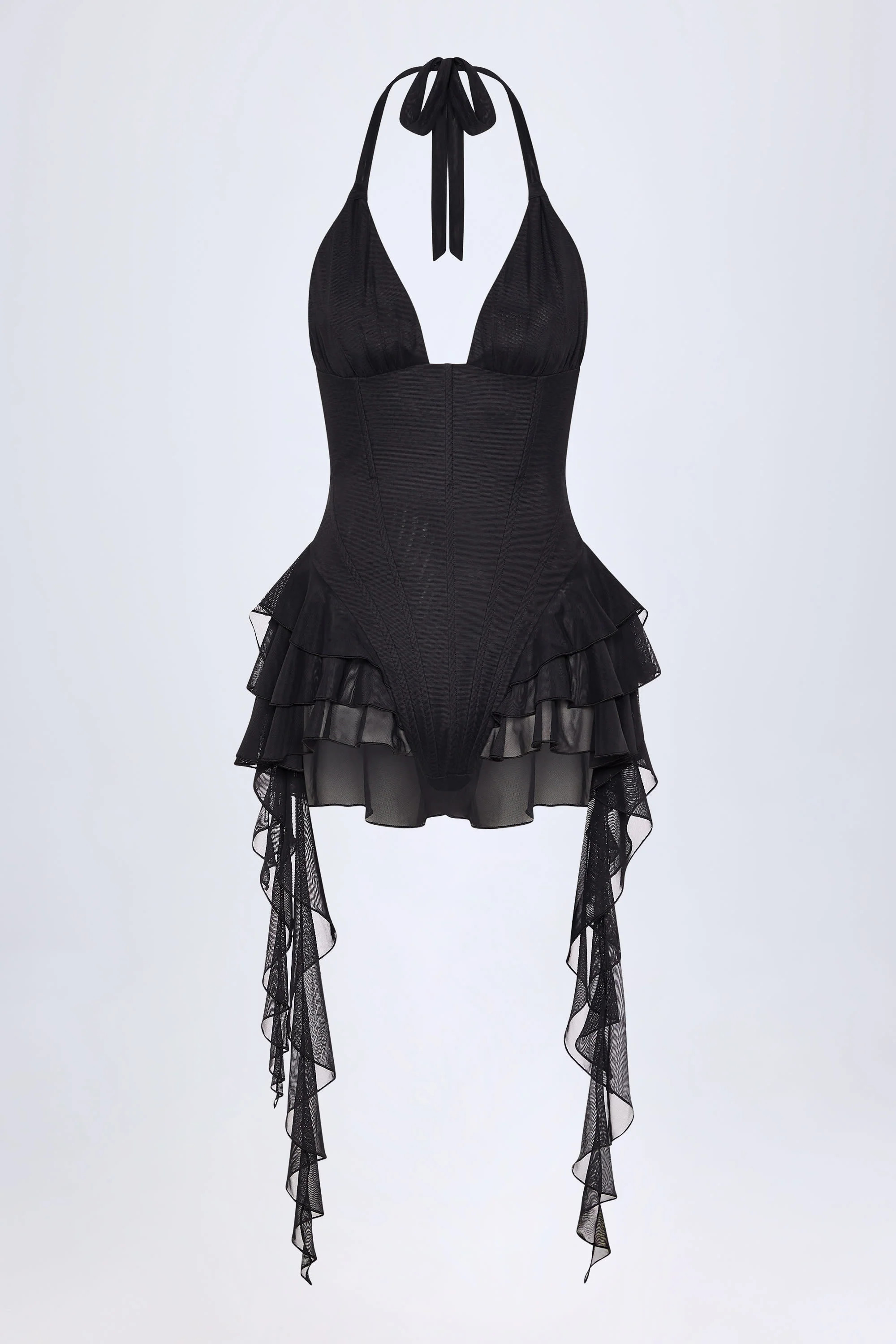 Ruffled Halterneck Bodysuit in Black | Oh Polly