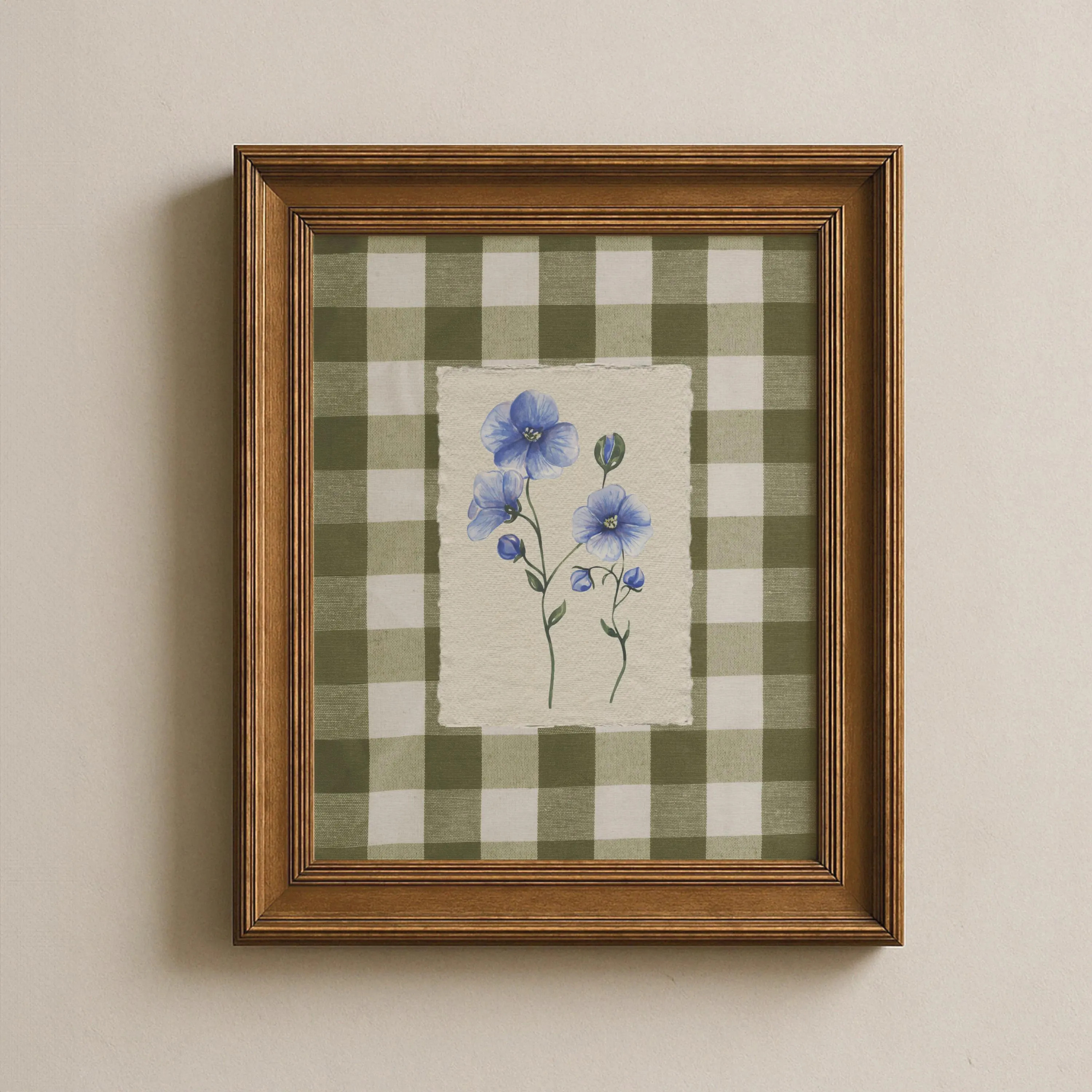 Blue Linen Flowers Print: Green Gingham Farmhouse Wall Art (Digital Download) | Etsy (Global)
