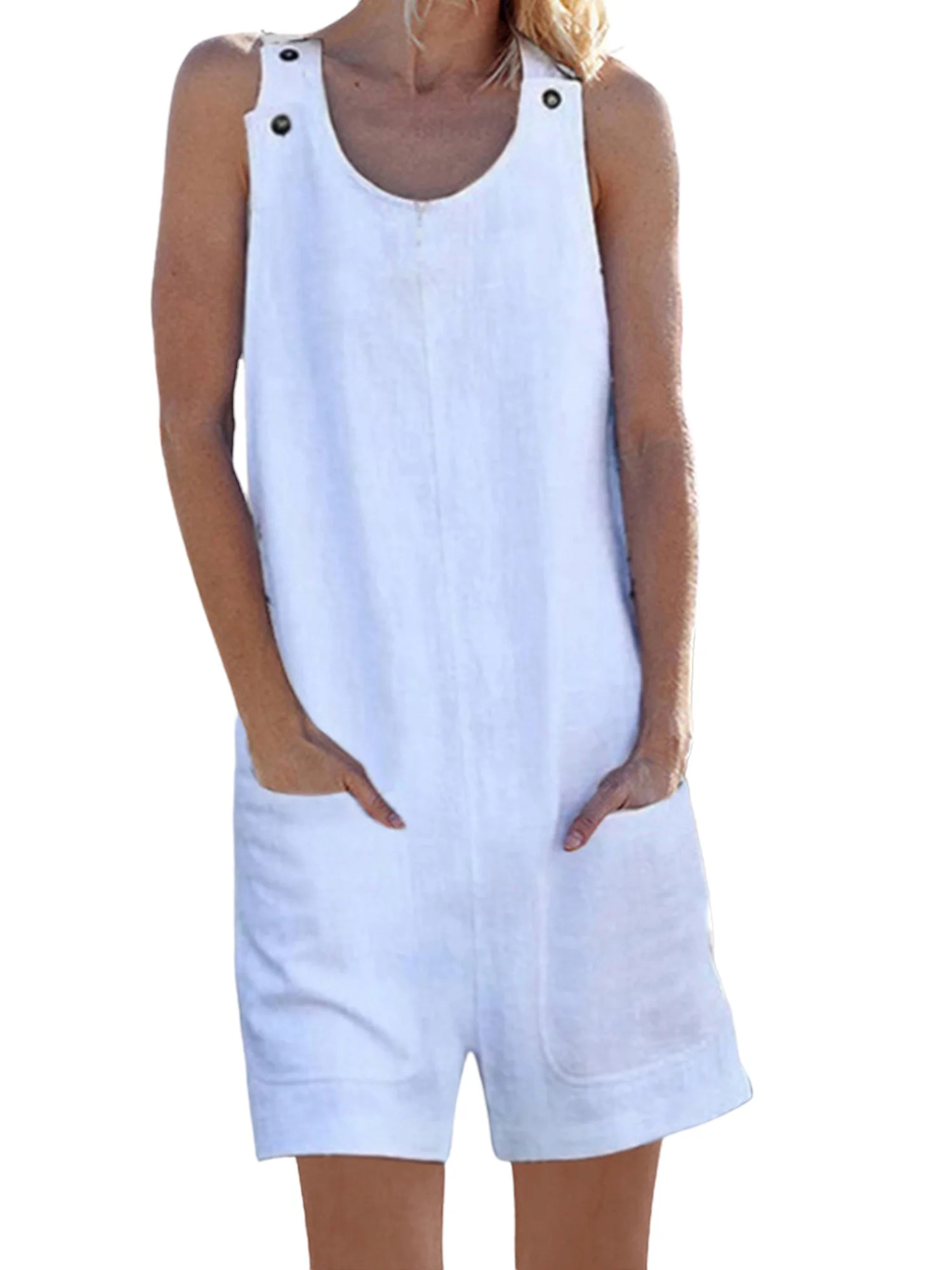 Keeccty Women Wide Strap Thin Summer One-Piece Sleeveless Cotton Linen Jumpsuit | Walmart (US)