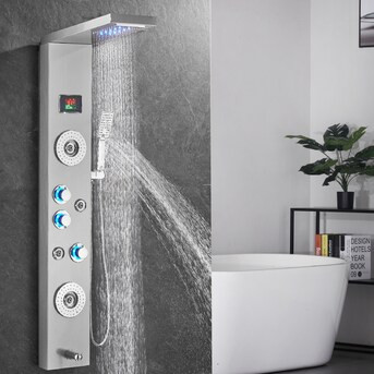 FORIOUS Brushed Nickel Dual Head Waterfall Shower Tower System with 4-way Diverter Valve Included | Lowe's