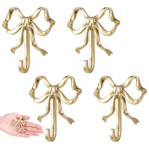 WLLHYF Bow Hook, 4 Pcs Bowknot Hook Decorative Bow Hooks Wall Decor Towel Hooks Multi-Purpose Hat Hooks Brass Gold Wall Hook for Bathroom Living Room Decor Hanging Coat | Amazon (US)