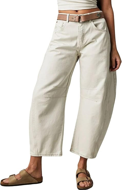 Womens Stretchy Mid Rise Barrel Jeans Vintage Loose Wide Leg Cropped Denim Pants Y2k Baggy Boyfri... | Amazon (US)