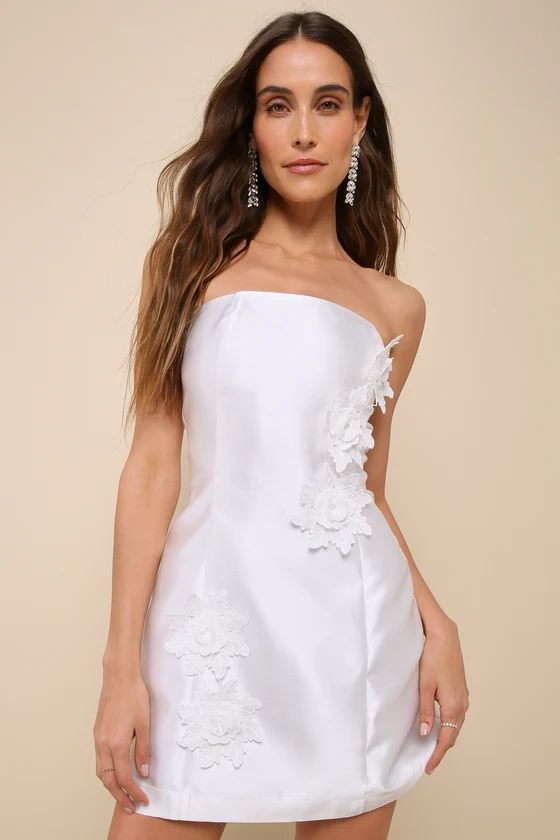 Charming Destiny White 3D Floral Applique Strapless Mini Dress | Lulus