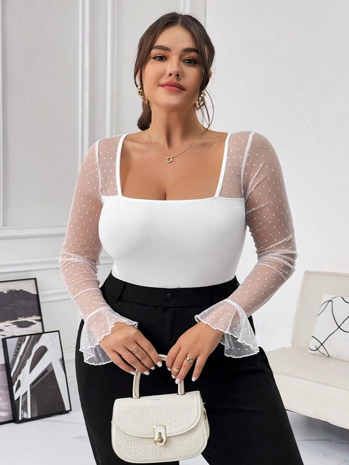 SHEIN Privé Plus Size Mesh Contrast Ruffle Sleeve Bodysuit | SHEIN
