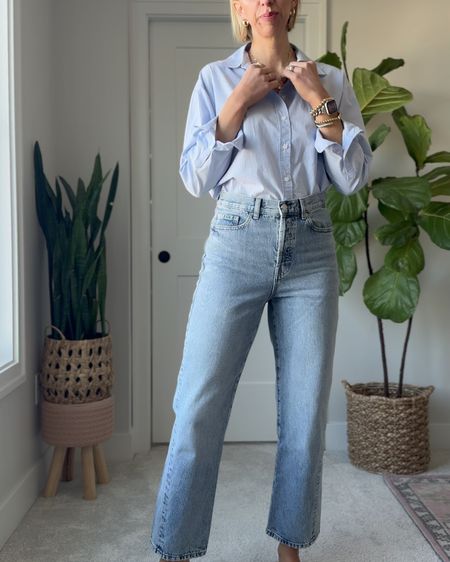 Spring wardrobe staples like a classic blue button up shirt, straight leg jeans will help you build easy + effortless outfits, just by adding in different shoes, layers + accessories.

I’m wearing my true to size small in this oversized blue shirt + size 6 in the high rise jeans 

#LTKVideo #LTKxTarget #LTKover40