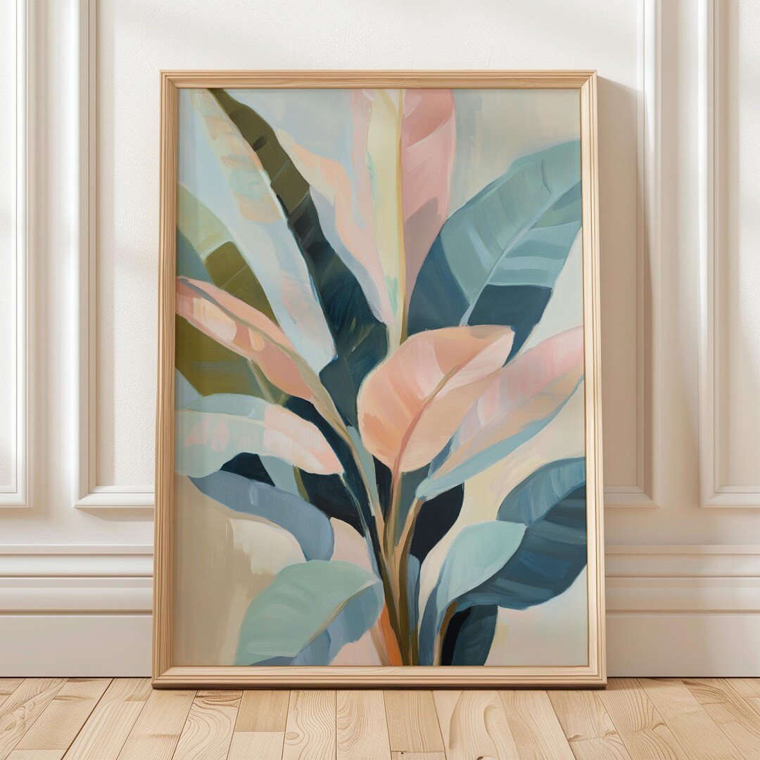 Tropical Plant Wall Art Abstract Botanical Leaves Print Pastel Green Pink Modern Jungle Poster Mi... | Etsy (US)