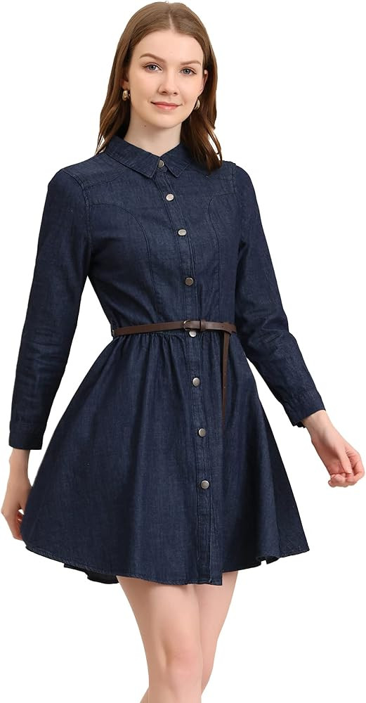 Allegra K Women's Denim Dress Button Down Belted Pleated Flare A-line Shirt Dress | Amazon (US)