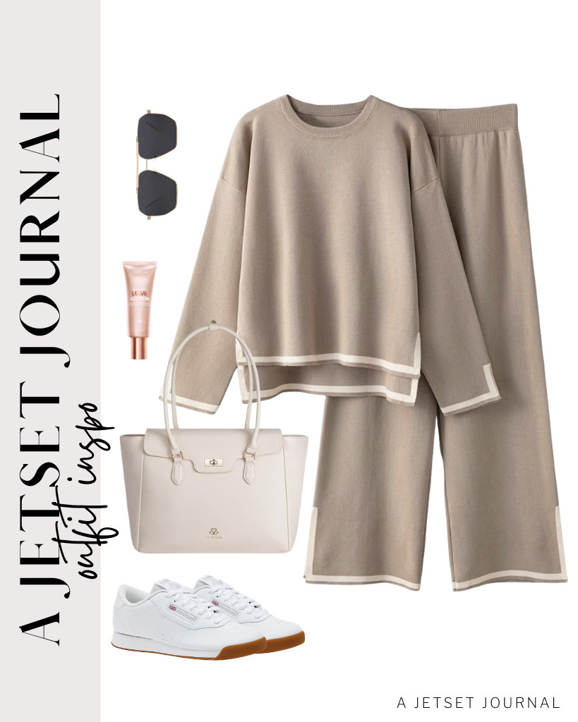 This matching lounge set with hem lining pairs perfectly with Reebok Princess sneakers. If you're traveling and need to carry your laptop, consider using this LOVEVOOK bag. Also, L’Oreal Paris Glotion is a great way to enhance your look with this outfit. 

 #LTKSeasonal #LTKSaleAlert #LTKTravel