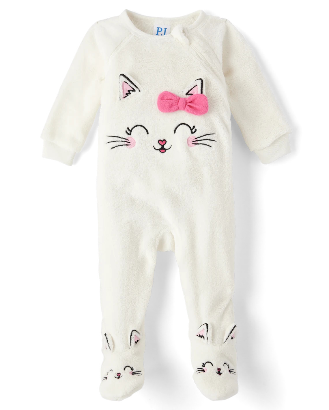 Baby And Toddler Girls Cat Fleece Footed One Piece Pajamas - white | The Children's Place