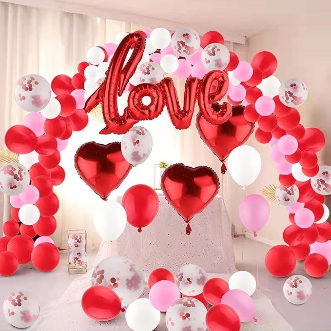 Valentines Day Balloons Arch and Garland，Red,Pink,White,Confetti Balloons,Red Heart Balloons wi... | Amazon (US)