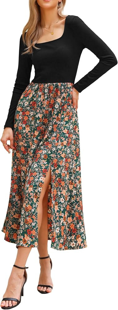 Allegra K Floral Dress for Women's Maxi Patchwork Long Sleeve Flowy Vintage Cocktail Casual Dress | Amazon (US)
