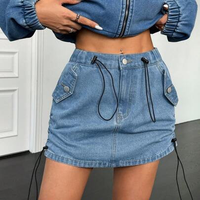 Women's Solid Color Drawstring Pocket Casual Versatile Denim Mini Skirt | SHEIN