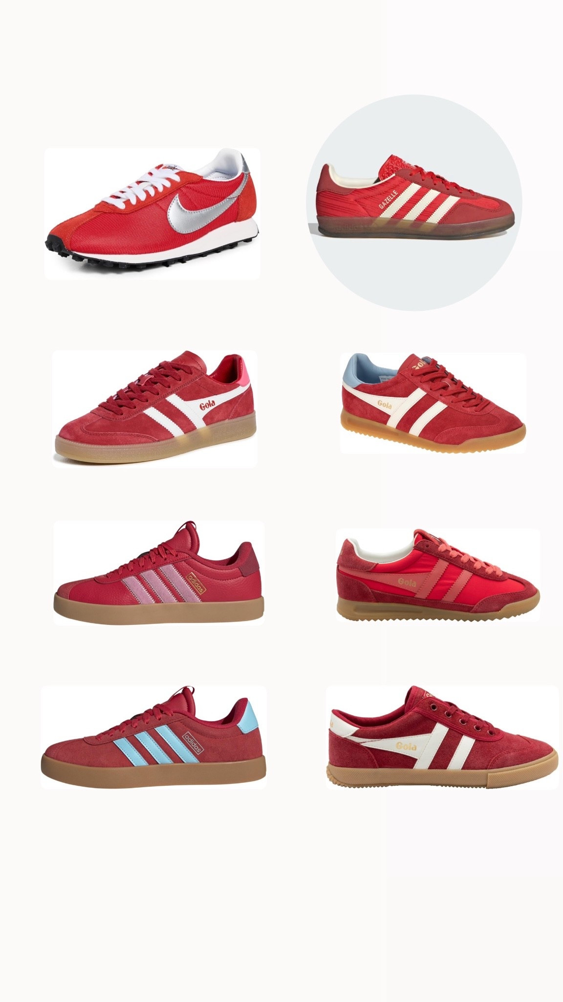 RED sneaker round up!
From team colors to holidays- we love a red sneaker to add a pop of color to an outfit!
Which about favorite?
#gola #nike #adidas 
#redsneakers

#LTKootd #LTKOver40 #LTKdayinmylife