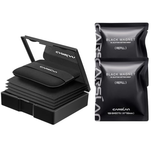 CARSLAN Makeup Blotting Paper with Powder, Black Magnet Blotting Sheet for Oily & Combination Skin, Portable Compact with Puff & Mirror, Keeps Makeup Fresh All Day, 450 Sheets + 8 Refill Adhesive Pads | Amazon (US)