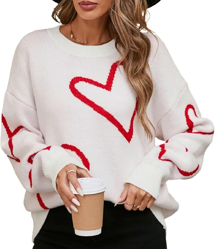 Heart Print Sweater for Women Valentine's Day Long Sleeve Oversized Pullover Sweater Y2K Knit Top | Amazon (US)