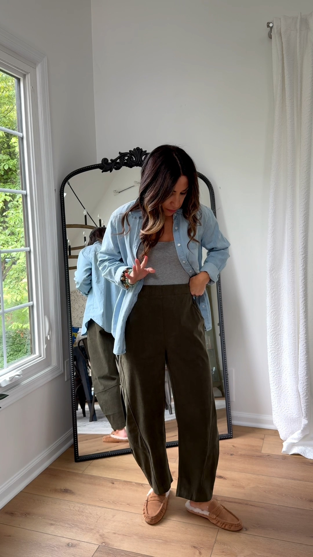 Small corduroy pants. Small denim shirt. Mules TTS.

#LTKOver40 #LTKPetite #LTKSaleAlert