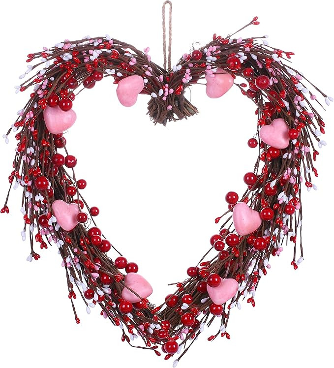 VioletEverGarden Valentine’s Day Wreath,15” Heart Shaped Wreath with Red Berries and Small Pi... | Amazon (US)