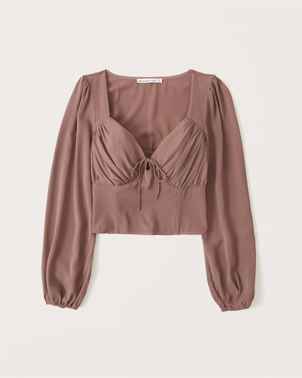 Long-Sleeve Ruched Tie-Front Top | Abercrombie & Fitch (US)