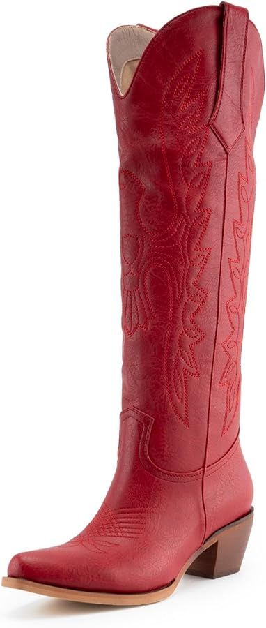 Womens White Cowgirl Boots Fashion Over the Knee Boots With Classic Embroidery Chunky Heels And W... | Amazon (US)