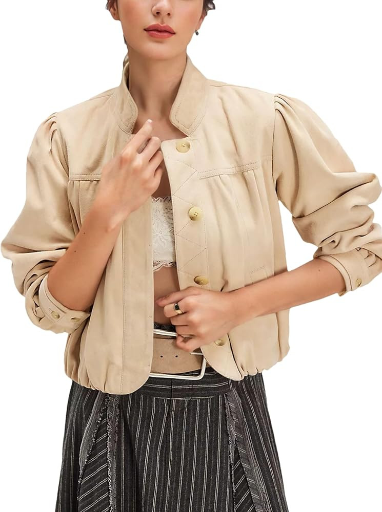 Wanzetaly Women's Faux Suede Jacket Casual Oversized Leather Coat with Pocket Button Bomber Jacke... | Amazon (US)