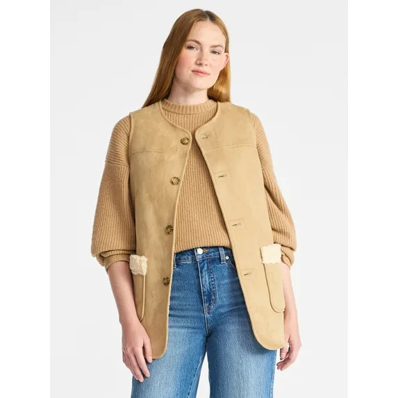 Time and Tru Women’s Faux Shearling Longline Vest, Lightweight, Sizes XS-XXXL | Walmart (US)