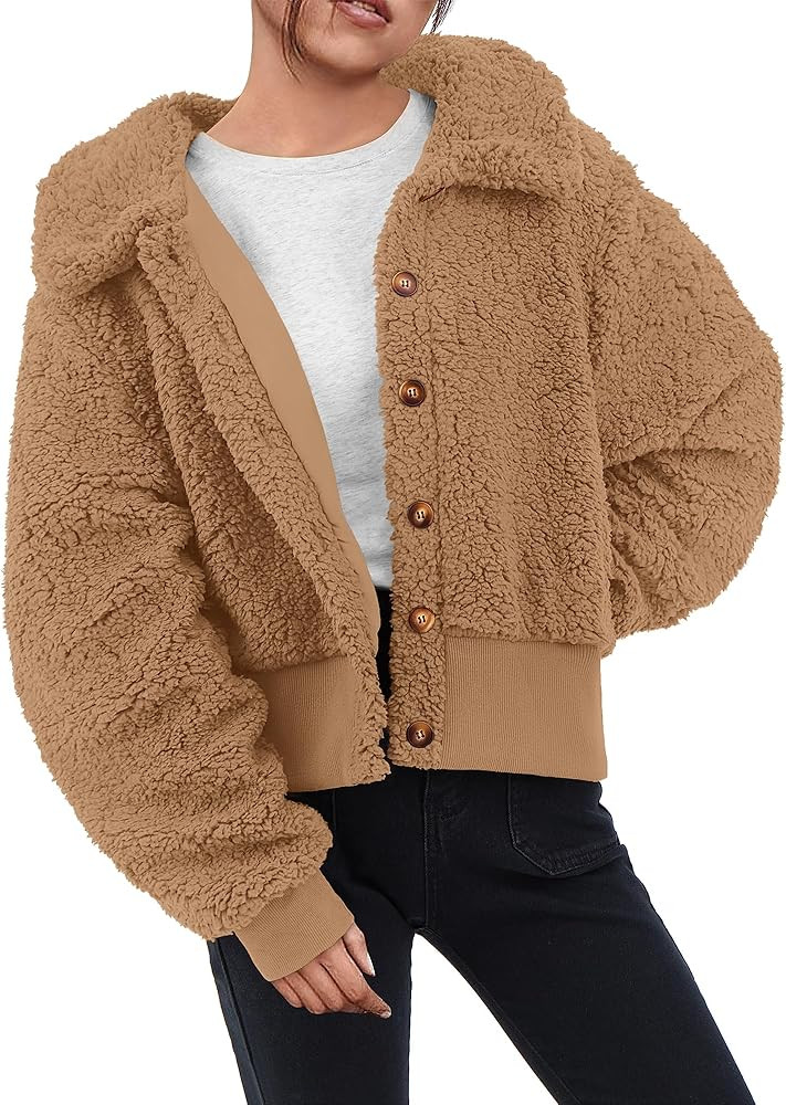 BTFBM Women's Button Down Sherpa Shacket Jacket Long Sleeve Faux Fur Warm Fall Winter Outwear Fuz... | Amazon (US)