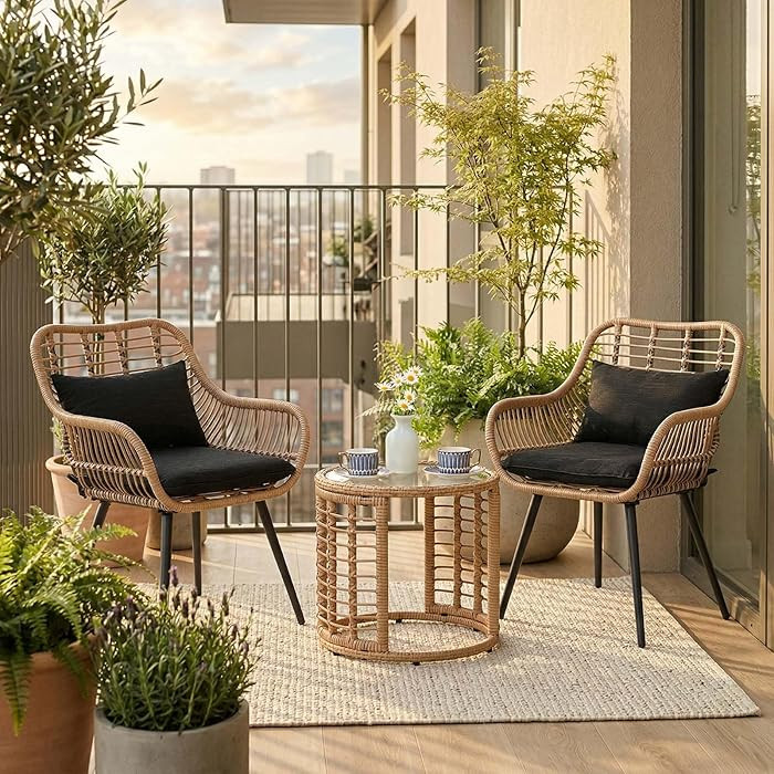 JOIVI 3 Piece Patio Bistro Set, Wicker Outdoor Patio Set with Enhanced Comfort Seating, Round Gla... | Amazon (US)