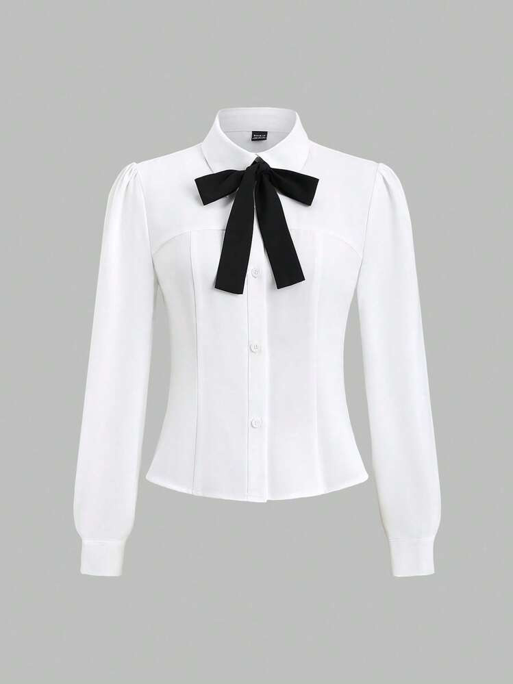 Sweetra Women's Color Block Bow Decor Blouse, Fall Shirt,Long Sleeve Tops | SHEIN