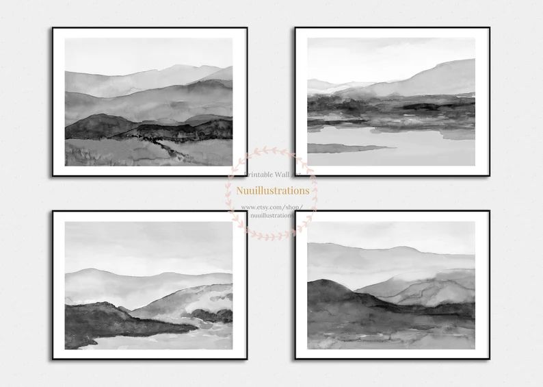 Mountain Landscape Black and White Printable Watercolor Print Set of 4 Gray Wall Art Downloadable... | Etsy (US)