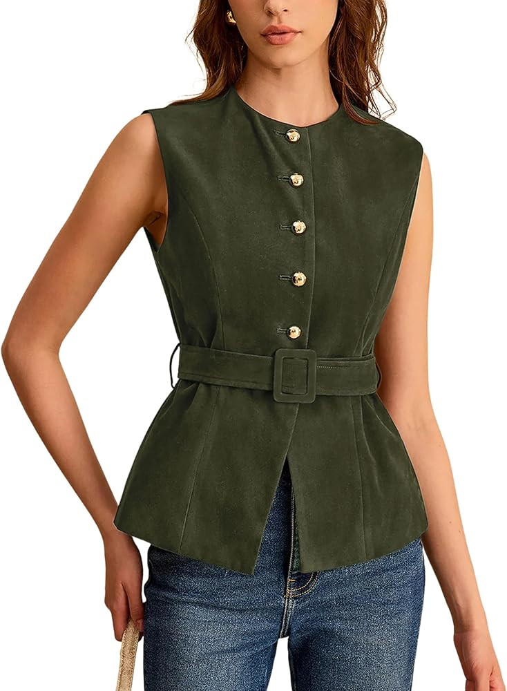 Lentta Womens Suede Vest Crew Neck Sleeveless Button Down Dressy Suit Waistcoat with Belt | Amazon (US)