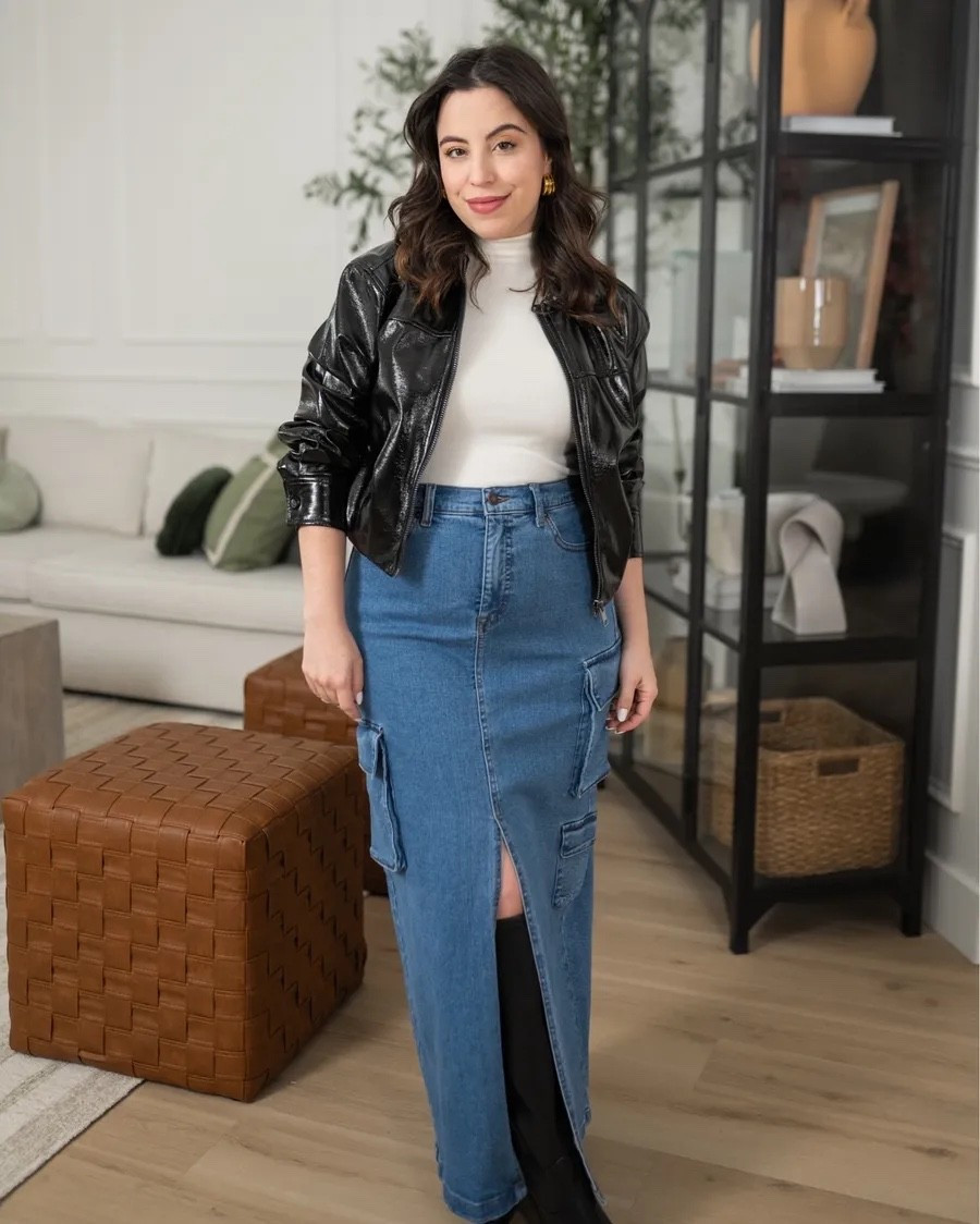 This cargo denim skirt is such a fun piece, and I'm loving it paired with a faux leather jacket.

transitional outfit, fall outfit, denim and leather look, casual look, affordable fashion, petite fashion

#LTKootd #LTKSeasonal #LTKPetite