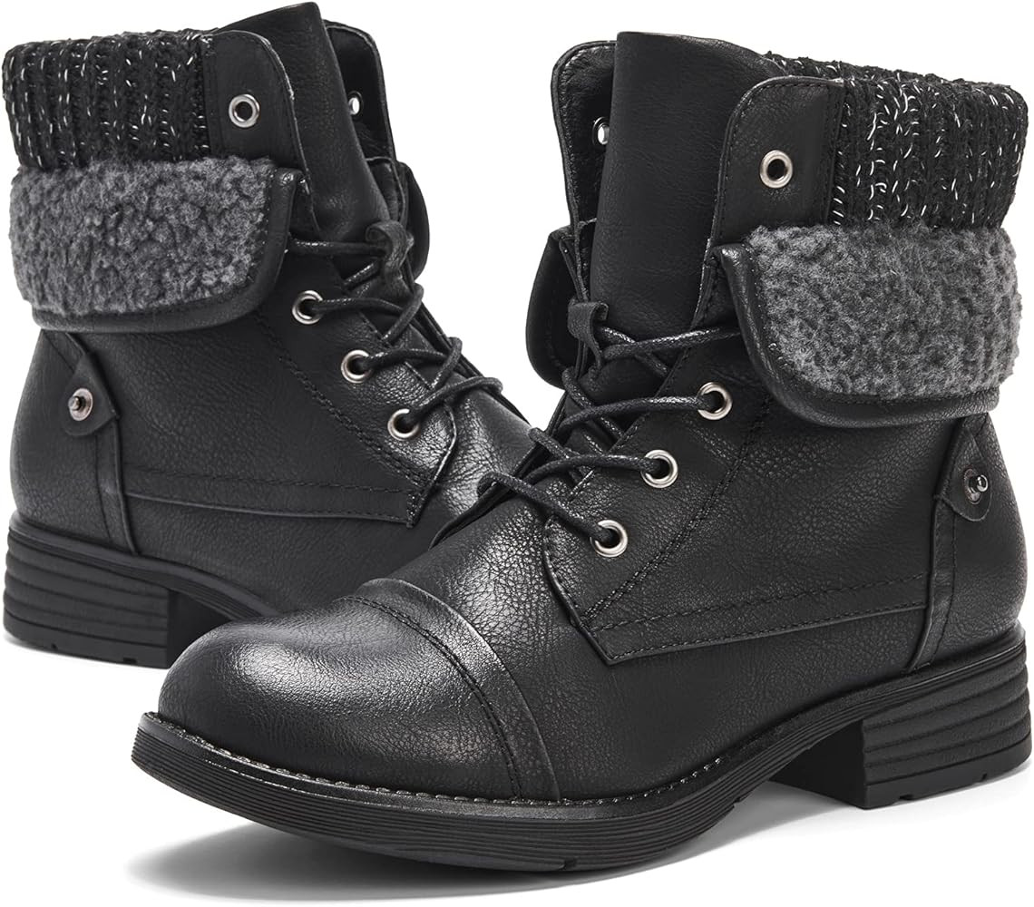 Moda Chics Women's Combat Style Lace-up Ankle Booties with Fur | Amazon (US)