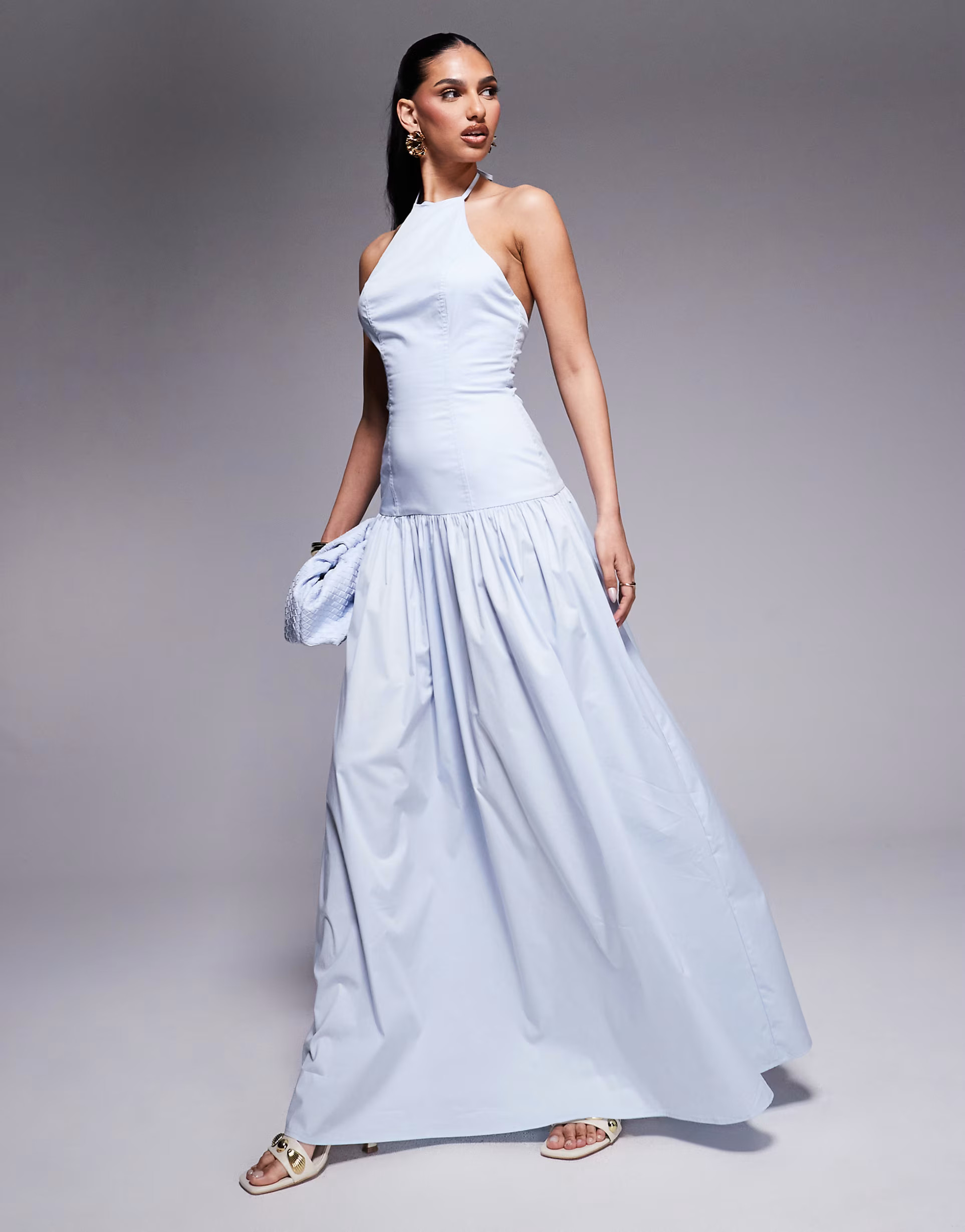 Wanderdoll Kylie poplin halterneck dropped waist maxi dress in baby blue | ASOS (Global)