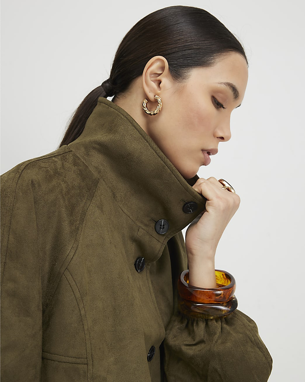 Khaki Faux Suede Drawstring Hem Bomber Jacket | River Island UK & IE