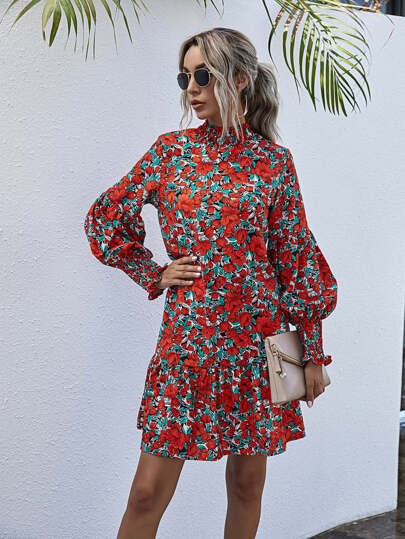 Allover Floral Ruffle Hem Smock Dress | SHEIN