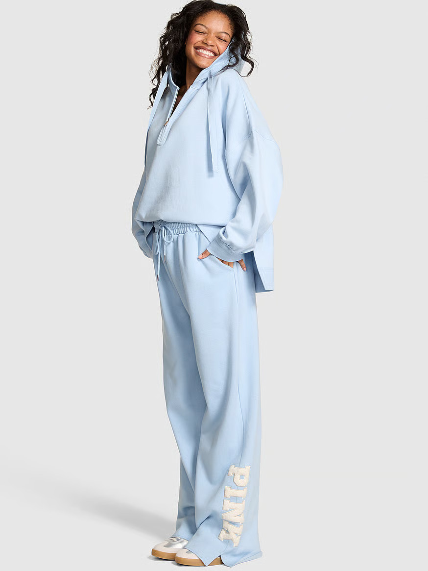 Buy Ivy Fleece Wide-Leg Split-Hem Sweatpants, Heathered Bright Vermillion Woven Shine - Order Bot... | Victoria's Secret (US / CA )