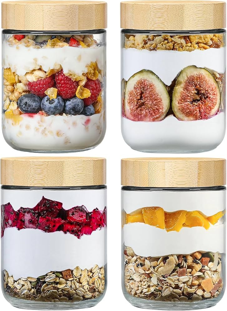 NETANY 4-pack 16oz Glass jars with Airtight Lids, Overnight Oats Containers with Bamboo Lids, Wid... | Amazon (US)